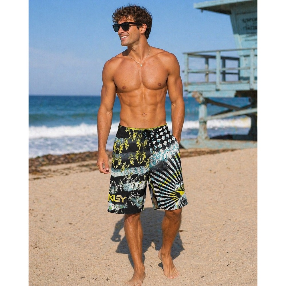 Oakley Frogskin Technology Board Shorts Mens 36 Black Yellow Graphic Surf Y2K‎